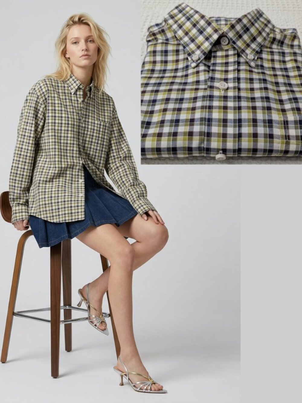 100% Cotton Button-Down Olive Plaid Shirt Denver Hayes Never-Iron